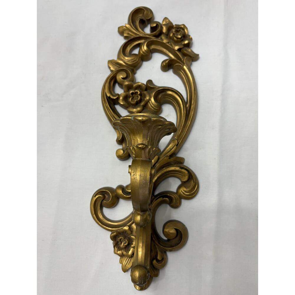 HOMCO 1971 Gold Floral Syroco Wall Candle Sconce-MCMLXXI-Hollywood Regency